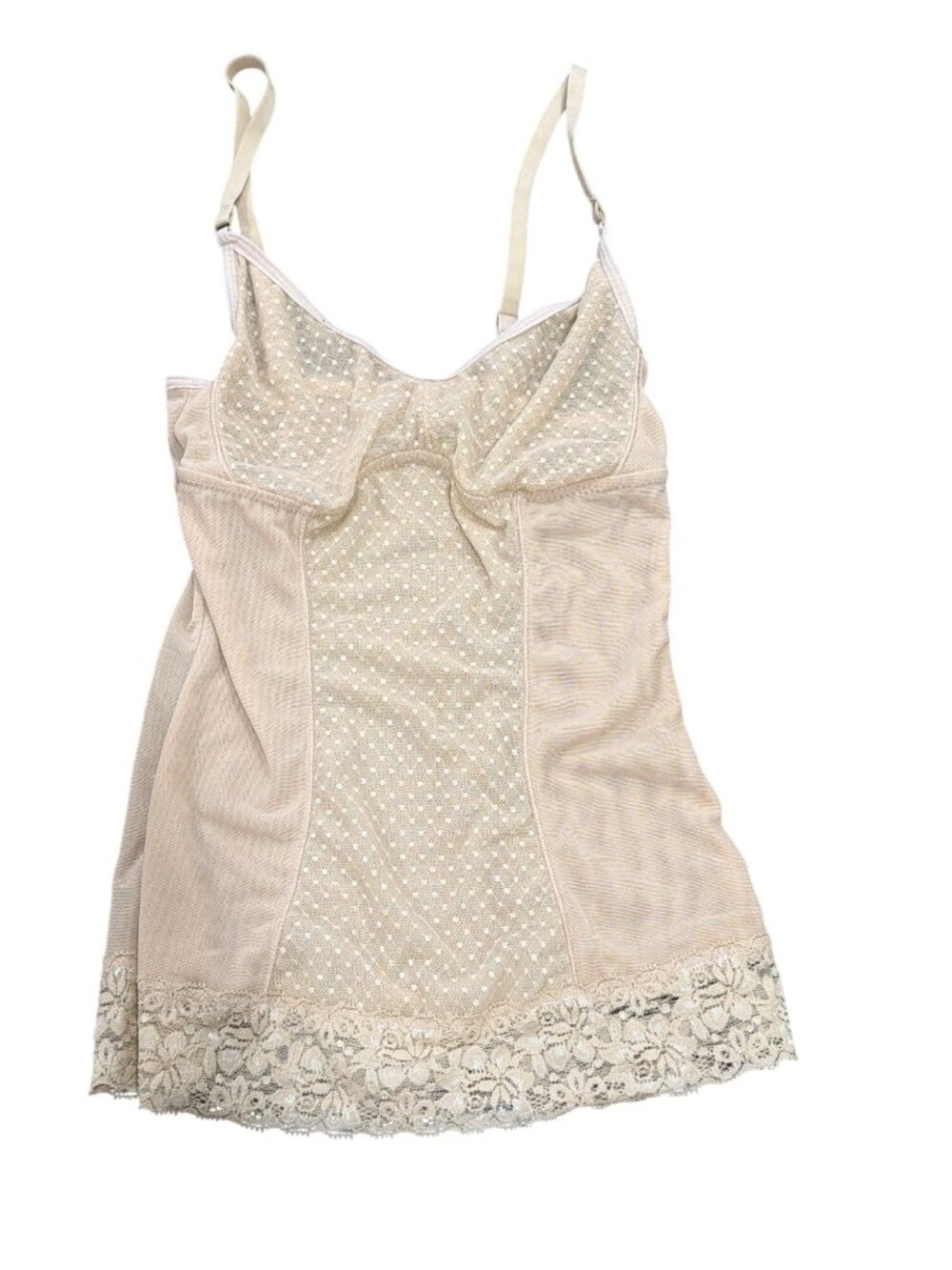 Eileen West Beige Mesh Lace Chemise Slip Body Shaper Swiss Dot Mesh Center Small